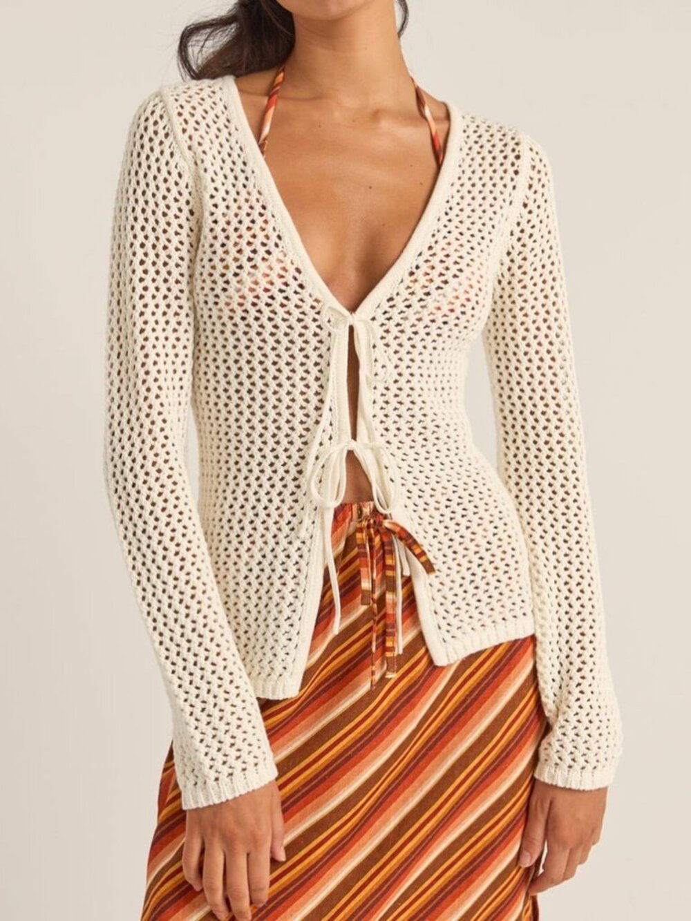 Rhythm Seashell Long Sleeve Tie Front Crochet Top - White - Size Small